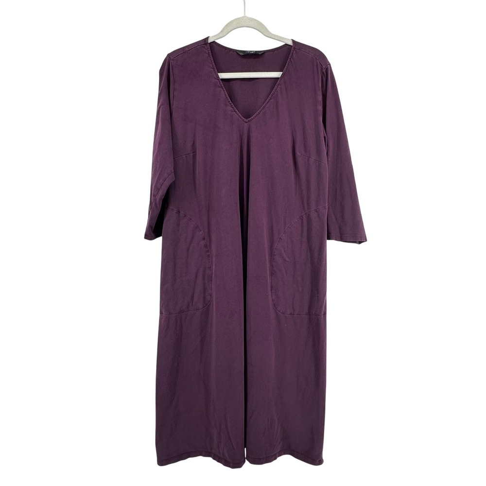 eShakti V-Neck Pockets Midi Dress Womens 1X Purple Boho Jersey Knit 3/4 Sleeve